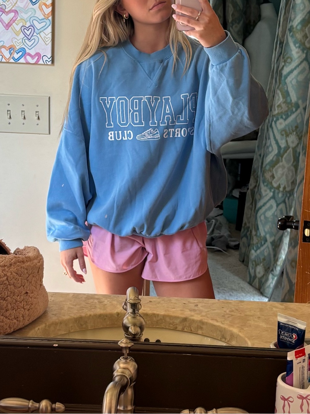PLAYBOY Light Blue over sized Crewneck Sweatshirt with White Logo